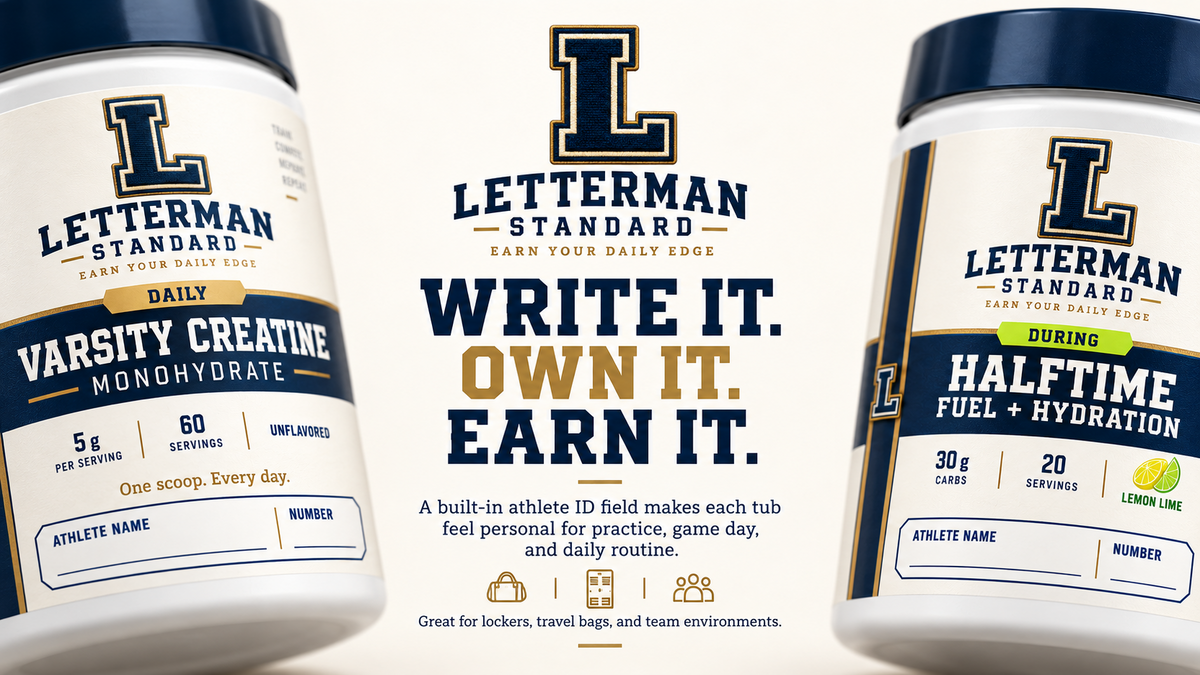 Varsity Creatine and Half-Time tubs showing write-in athlete name and number fields.
