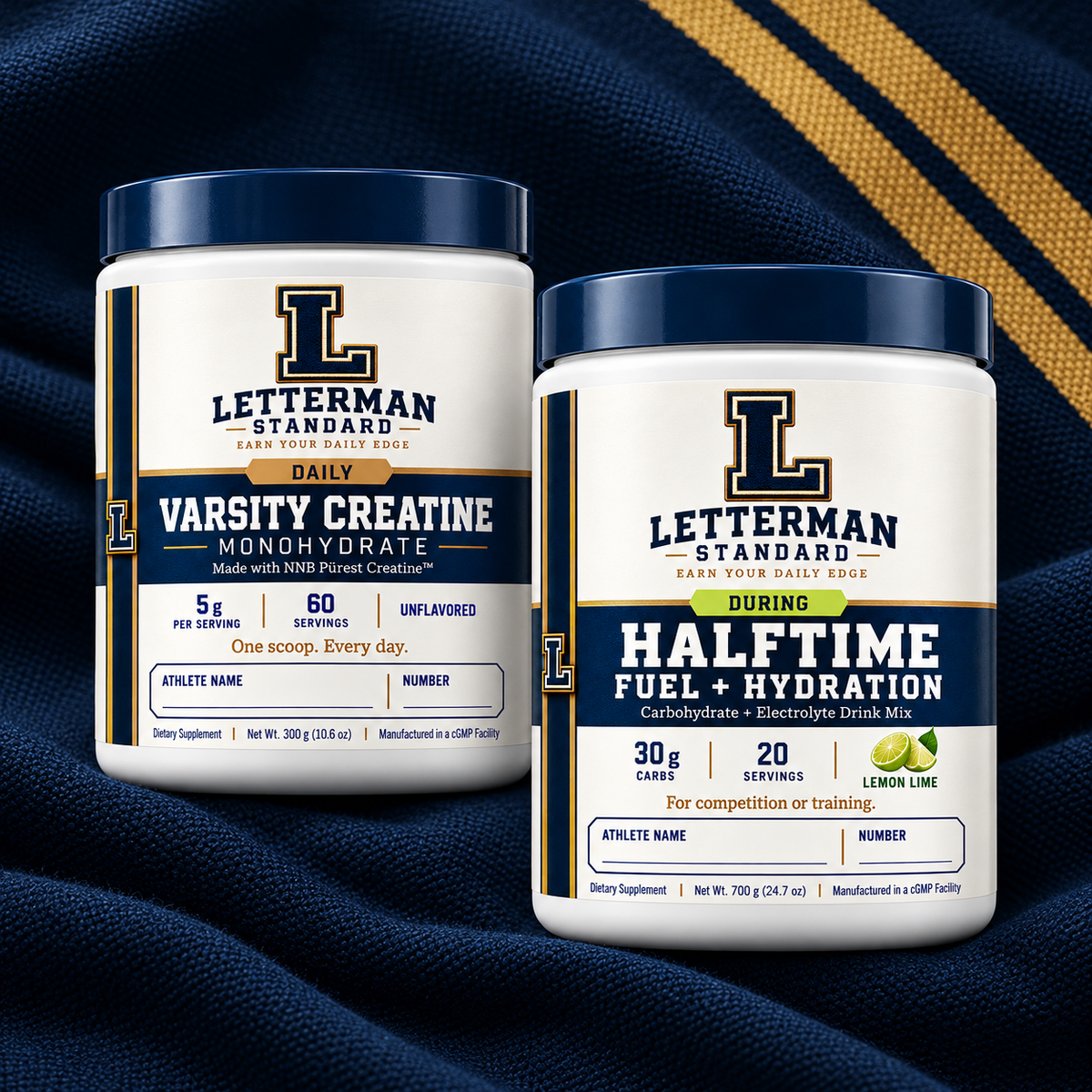 Illustration of Varsity Creatine and Half-Time tubs together on navy varsity fabric with gold stripes.