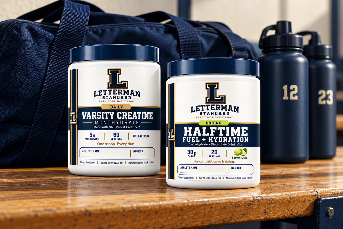 Illustration of Varsity Creatine and Half-Time containers on a team bench beside a plain navy bag and numbered water bottles.