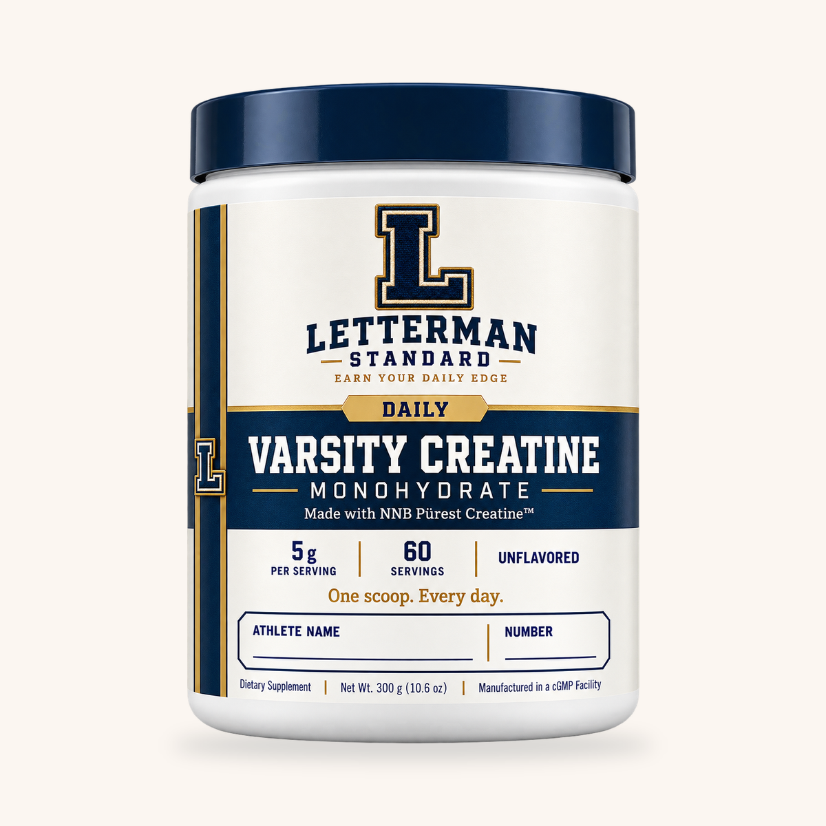 Varsity Creatine Monohydrate 300 g unflavored tub, 60 servings, on a warm cream background.