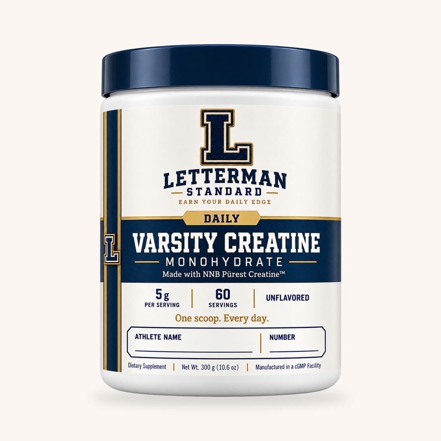 Varsity Creatine Monohydrate 300 g unflavored tub, 60 servings, on a warm cream background.